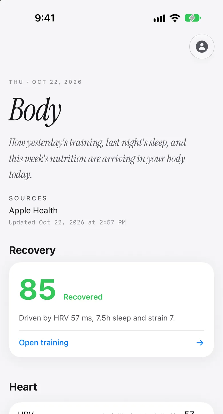 The Body screen: recovery 85, driven by heart rate variability, sleep and strain, then heart readings labelled Apple Watch via Apple Health.