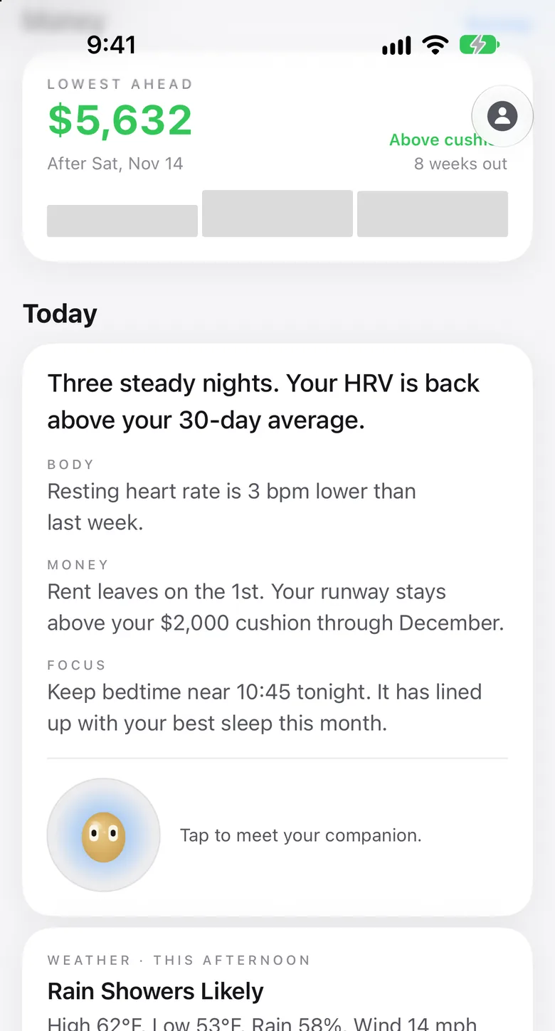 The daily brief: three steady nights, resting heart rate down 3 bpm, rent covered through December, and tonight's bedtime.