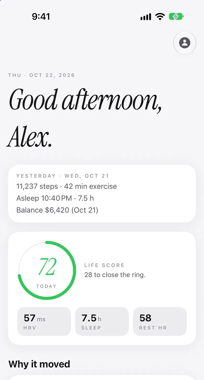 Nuvelo's Today screen: yesterday's steps, sleep and balance, and a Life Score of 72 with heart rate variability, sleep and resting heart rate.